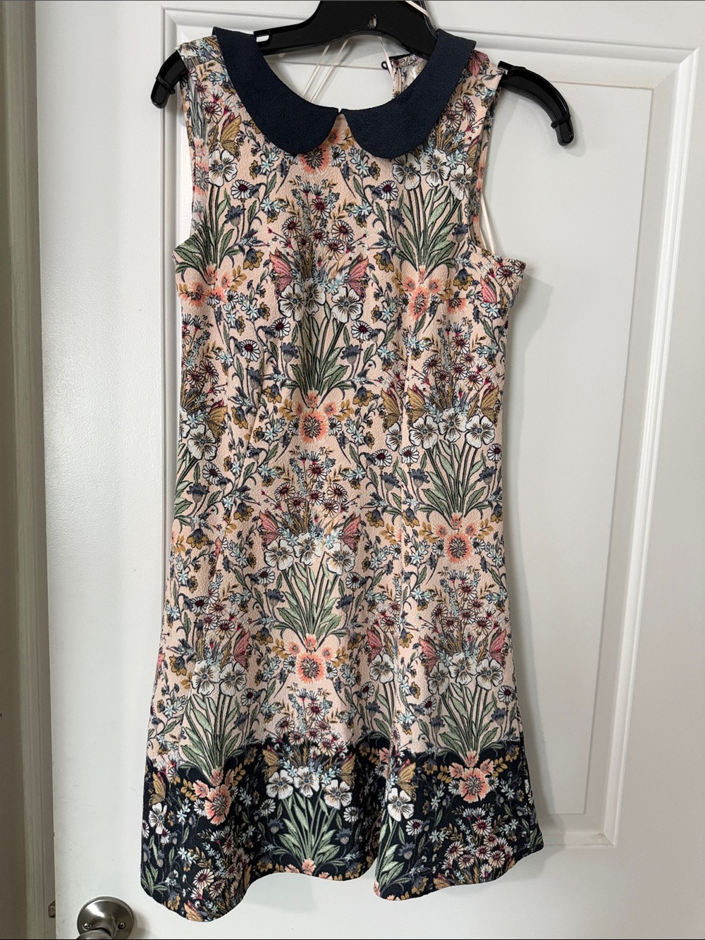 Floral Peter Pan Collar Sleeveless Dress - Navy Collar, Peach Floral